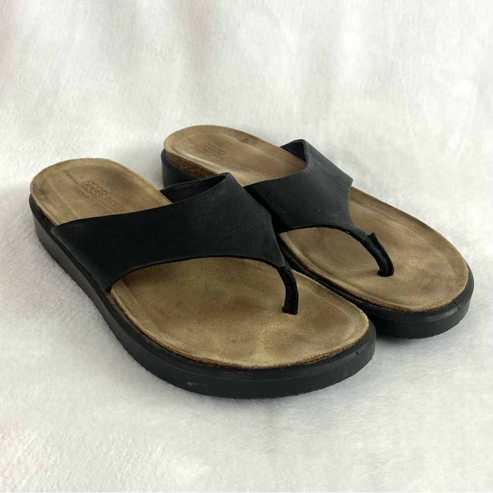 Ecco Corksphere Women's Thong Sandal Size 8 EU 39 Black Leather Flip Flops
